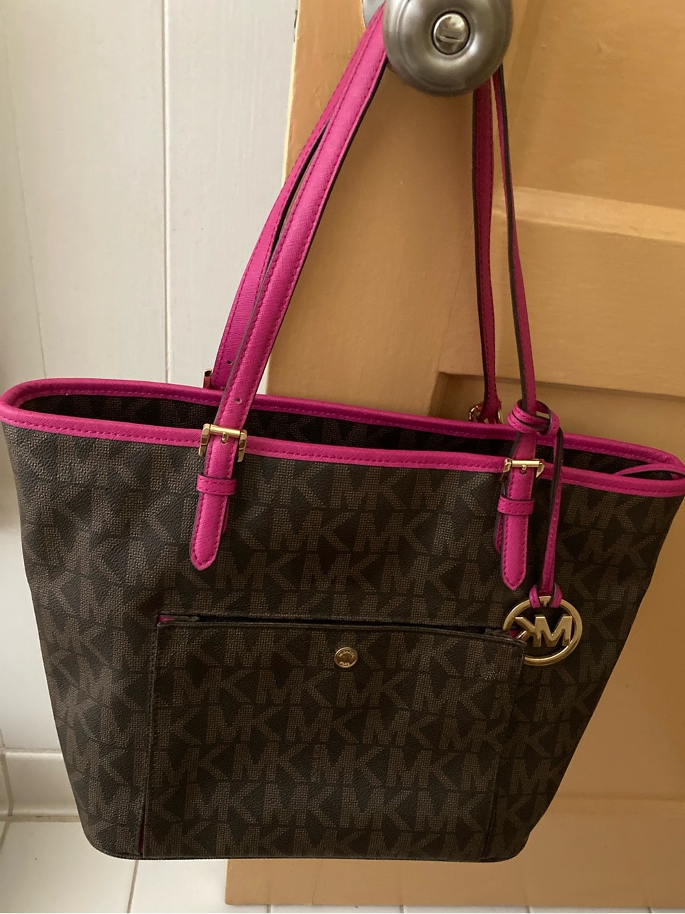Michael Kors Tote, brown with pink trim